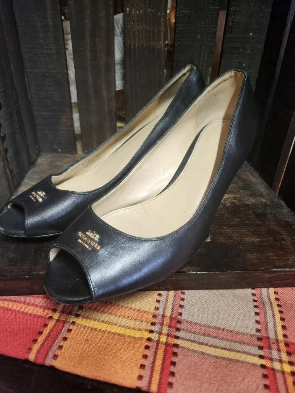 Womens Coach Black Leather Peep Toe Wedge Heels with Gold Badge Sz 9B MSRP $298